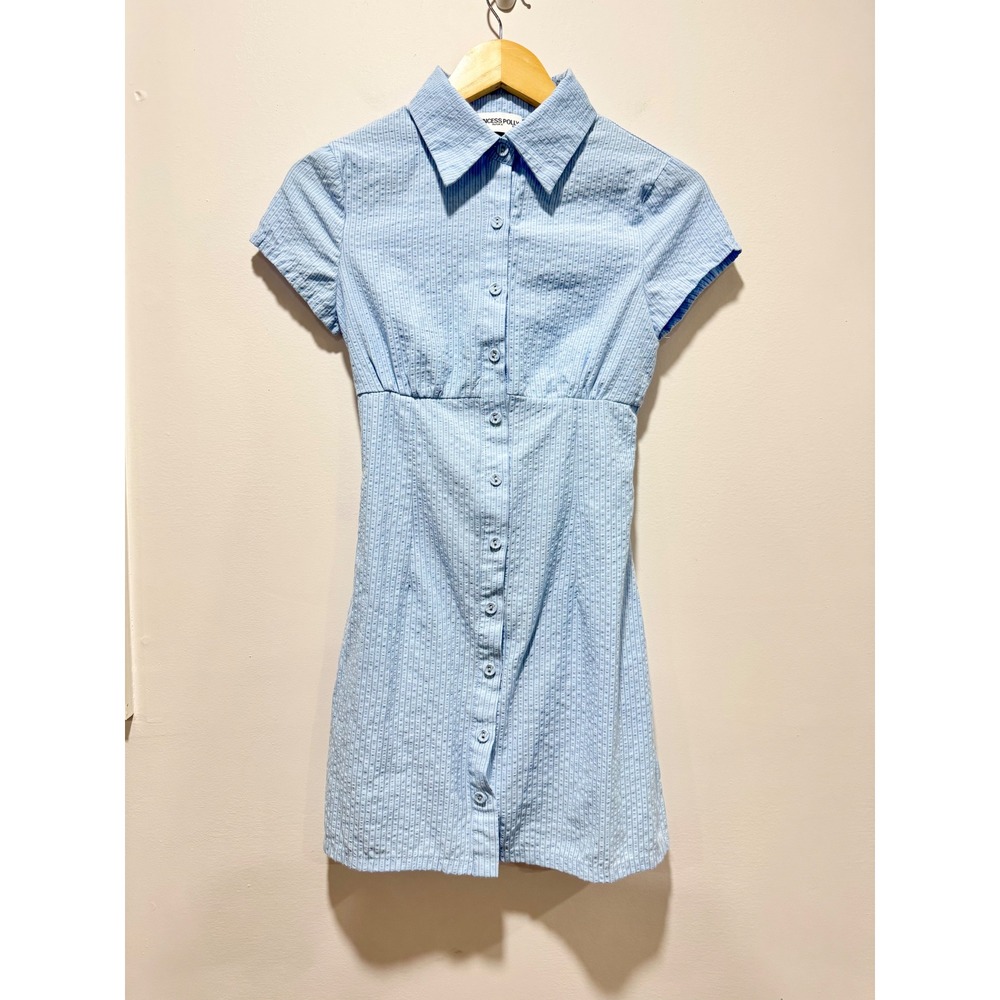 Princess Polly Blue White Striped Seersucker Button Front Mini Dress US 2 Cotton